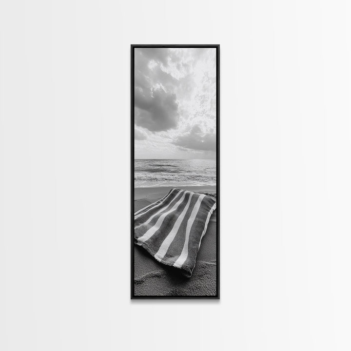 Beach Towel View, Ocean Breeze, Seaside Calm, Striped Blanket, Relaxation Mood, Framed Canvas Print, Bathroom Wall Art, Minimalist Coastal Art