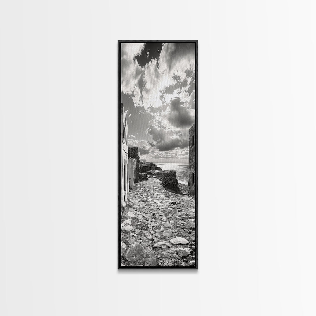 Coastal Street, Ocean View, Mediterranean Charm, Monochrome Photography, Framed Canvas Print, Living Room Print, Kitchen Wall Art