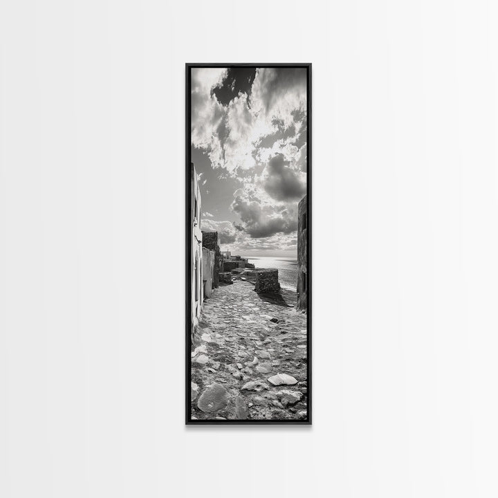 Coastal Street, Ocean View, Mediterranean Charm, Monochrome Photography, Framed Canvas Print, Living Room Print, Kitchen Wall Art