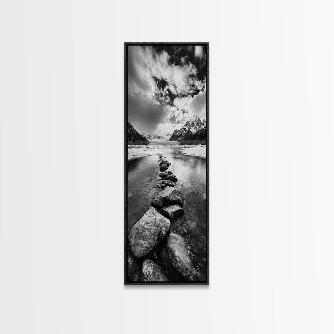 Mountain Stream, Stone Path, Black and White Nature, Scenic Landscape, Framed Canvas Print, Modern Cabin or Rustic Wall Decor, Office Art