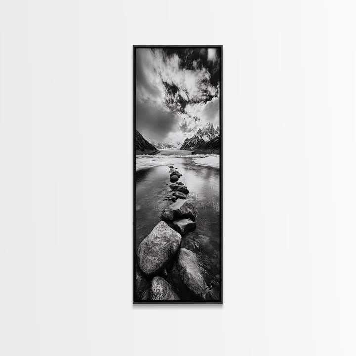 Mountain Stream, Stone Path, Black and White Nature, Scenic Landscape, Framed Canvas Print, Modern Cabin or Rustic Wall Decor, Office Art