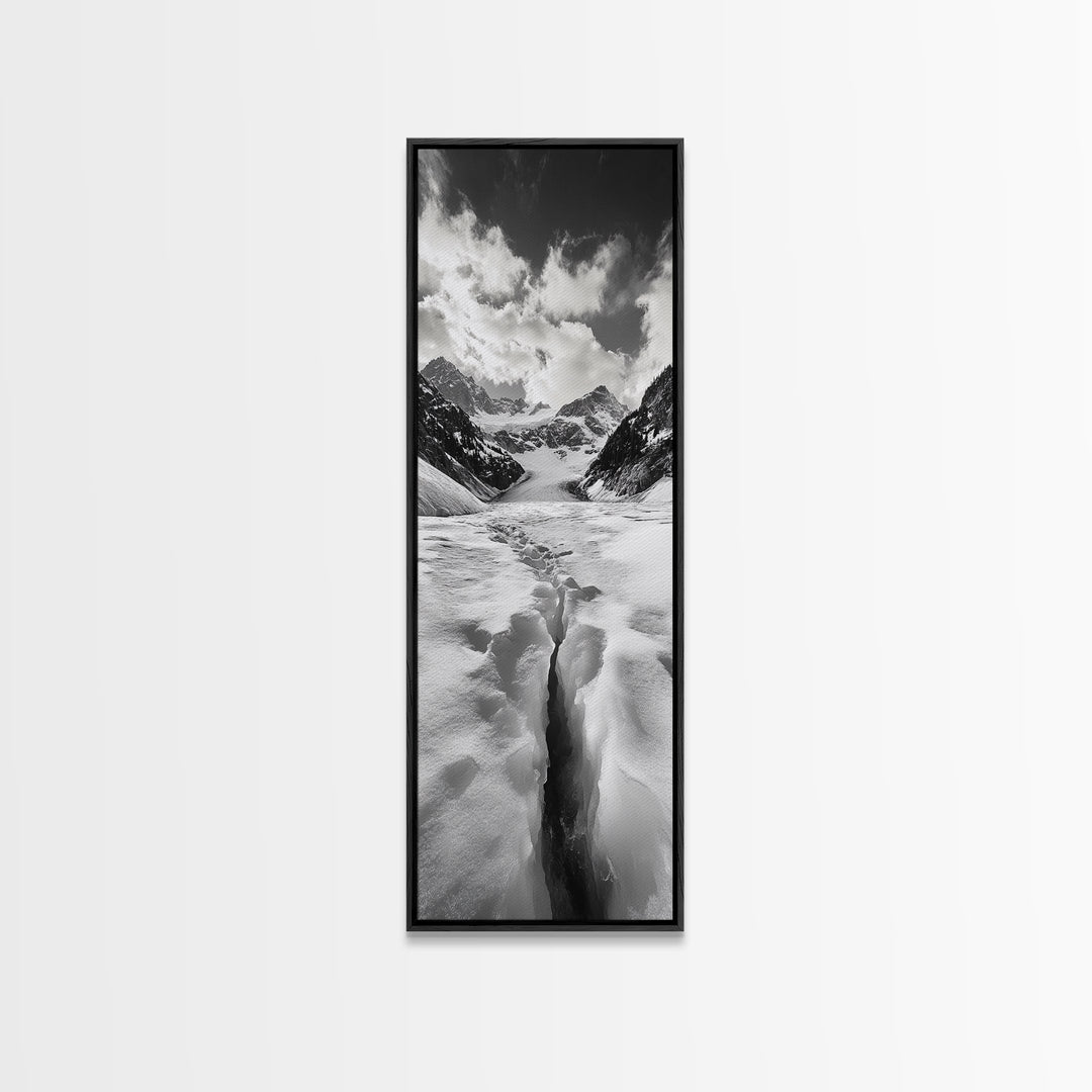 Glacier Trail, Snowy Valley, Black and White Mountain Art, Crevasse Texture, Canvas Print, Winter Landscape, Office Print, Entry Wall Art