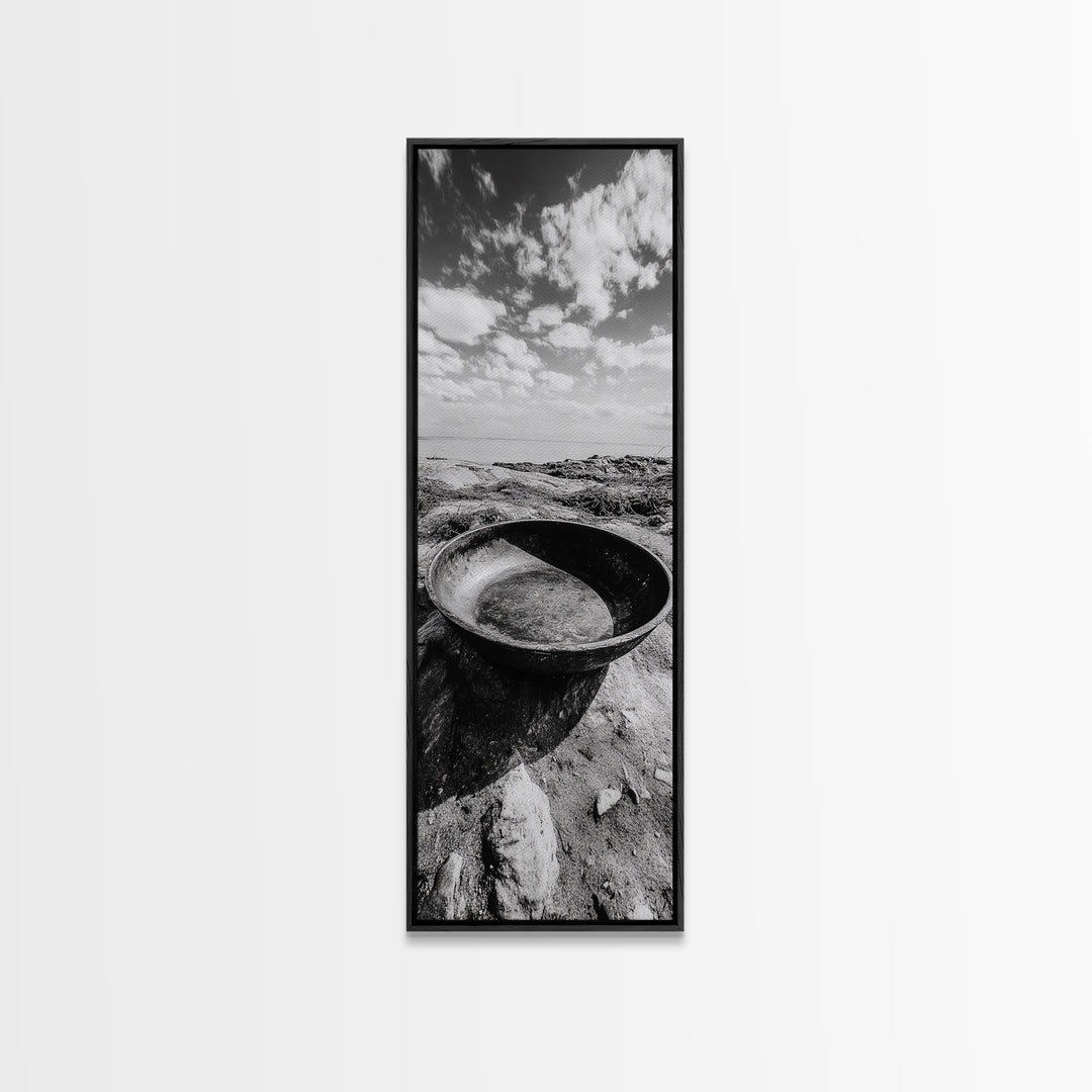 Desert Bowl, Coastal Landscape, Black and White Texture, Minimal Earth Tones, Framed Canvas Print, Rustic Farmhouse Kitchen Wall Art
