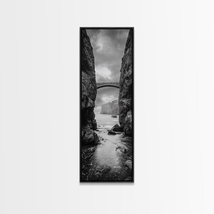 Sea Arch, Cliff Bridge, Coastal Landscape, Dramatic Ocean View, Black and White Framed Canvas Print, Bathroom Art, Hallway Wall Art