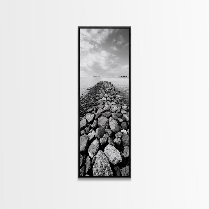 Rocky Jetty, Ocean Horizon, Black and White Seascape, Minimalist Nature, Canvas Print, Neutral Wall Decor, Office Wall Art, Hallway Decor