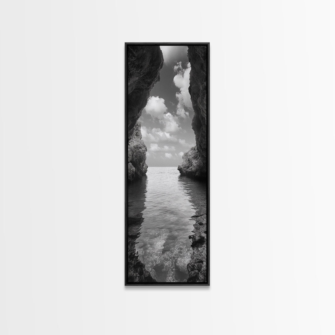 Ocean Cave, Tranquil Waters, Cloudy Sky, Coastal Wall Art, Canvas Print, Black and White Nature Decor, Modern Beach House Wall Art