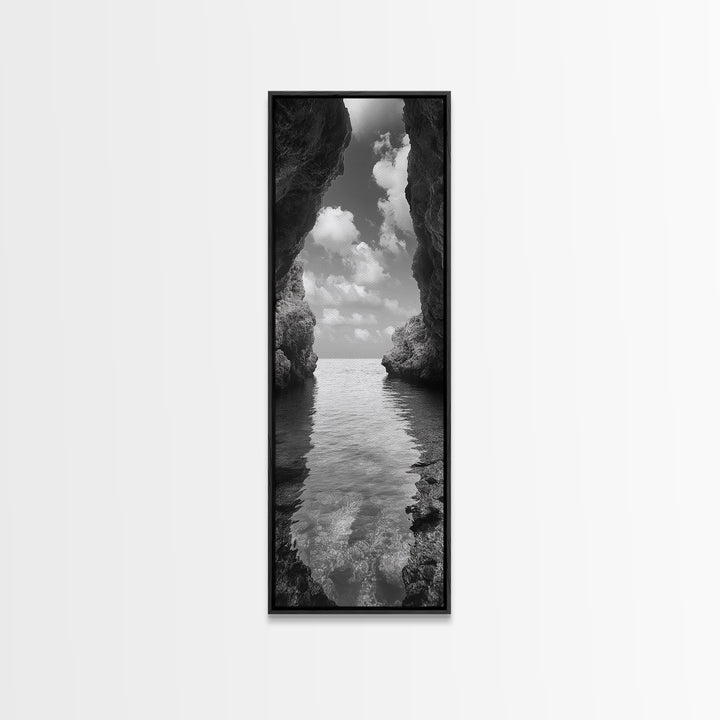 Ocean Cave, Tranquil Waters, Cloudy Sky, Coastal Wall Art, Canvas Print, Black and White Nature Decor, Modern Beach House Wall Art