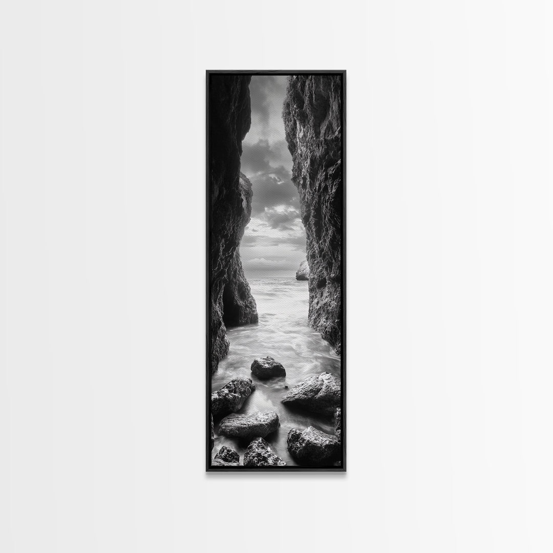 Rocky Passage, Seaside View, Cave Entrance, Dramatic Nature Scene, Framed Canvas Print, Moody Black and White Bedroom Wall Art, Hallway Decor
