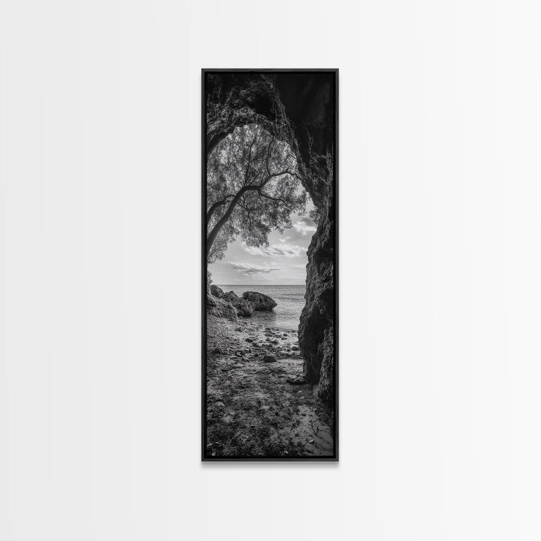 Cave View, Coastal Tree, Ocean Horizon, Black and White Landscape, Canvas Print, Rustic Seaside Art, Living Room Art, Entry Wall Decor