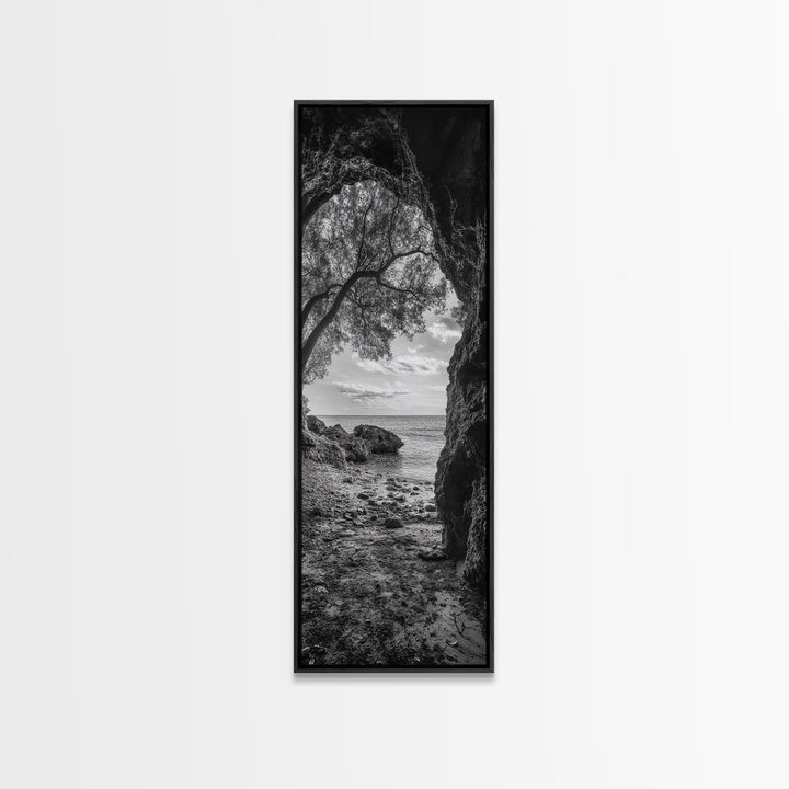Cave View, Coastal Tree, Ocean Horizon, Black and White Landscape, Canvas Print, Rustic Seaside Art, Living Room Art, Entry Wall Decor