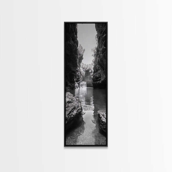Cliff Canyon, Tranquil Water, Forest Reflection, Natural Pool, Framed Canvas Print, Black and White Nature Art, Spa Print, Hallway Decor