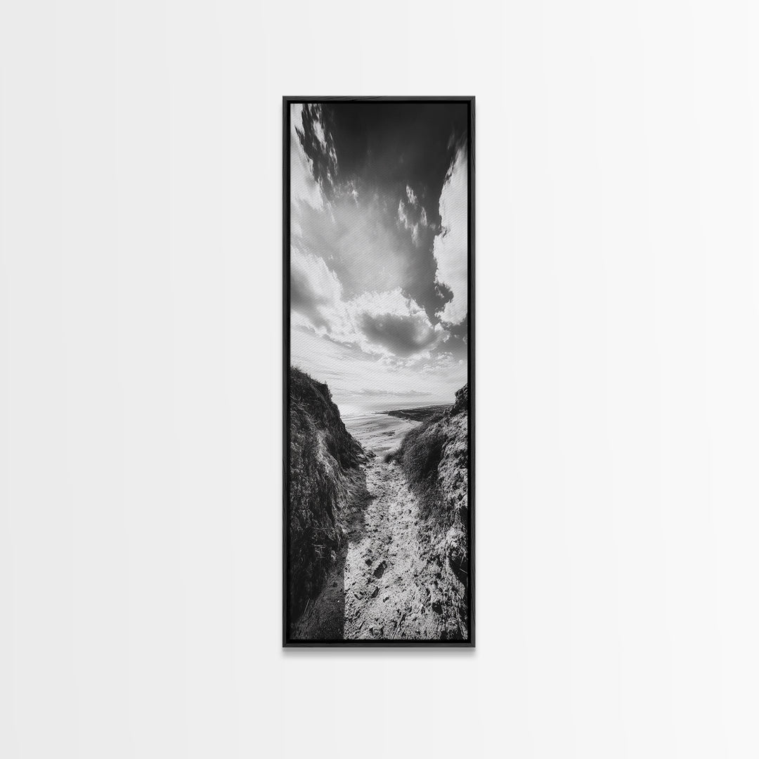 Cliffside Horizon, Beach Escape, Black and White Nature, Framed Canvas Print, Coastal Wall Art, Entryway Decor, Minimalist Aesthetic