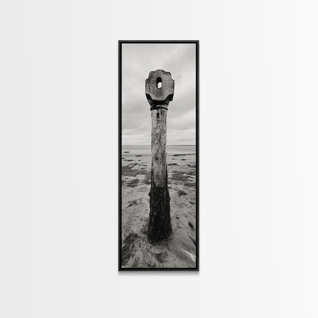 Driftwood Totem, Coastal Pillar, Ocean Beach Monochrome, Framed Canvas Print, Rustic Wall Art, Boho Bedroom Decor, Nature Photography