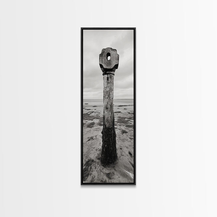 Driftwood Totem, Coastal Pillar, Ocean Beach Monochrome, Framed Canvas Print, Rustic Wall Art, Boho Bedroom Decor, Nature Photography