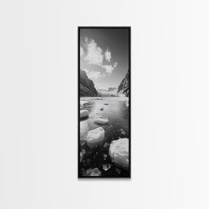 Arctic River, Snowy Mountains, Glacier Melt, Framed Canvas Print, Winter Landscape Art, Modern Living Room Decor, Nordic Aesthetic