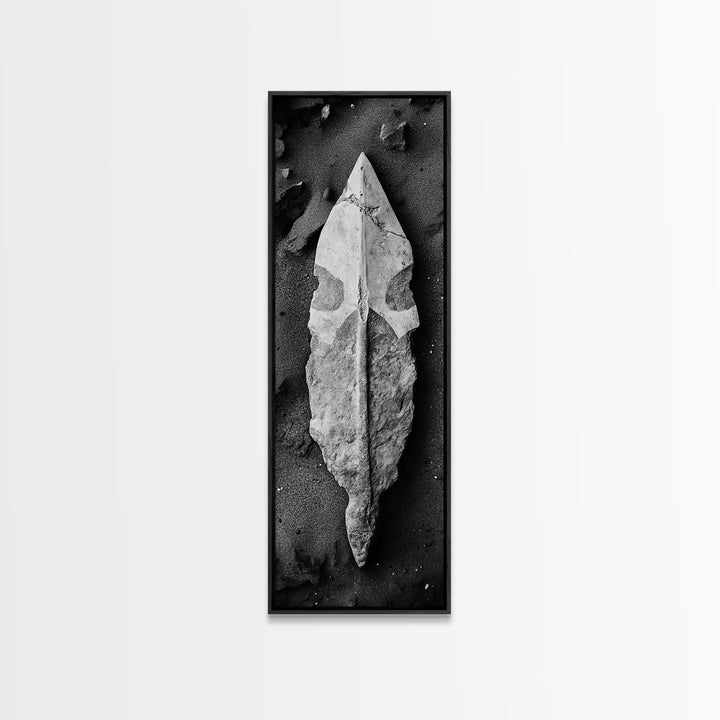 Ancient Arrowhead, Primitive Stone, Monochrome Artifact, Framed Canvas Print, Masculine Office Art, Boho Study Decor, Earthy Design