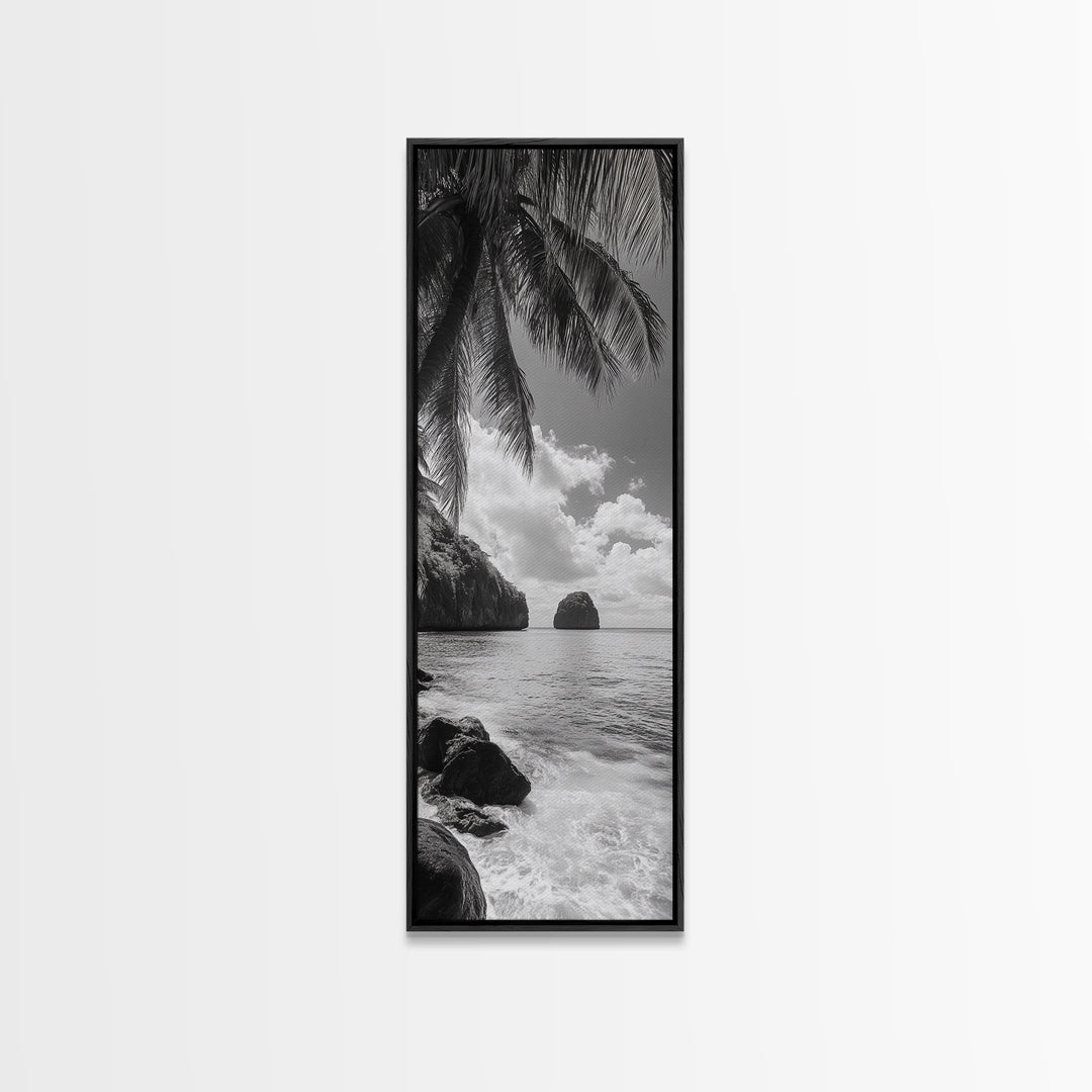 Island View, Palm Shoreline, Tropical Escape, Framed Canvas Print, Beach House Wall Art, Coastal Summer Decor, Zen Ocean Aesthetic