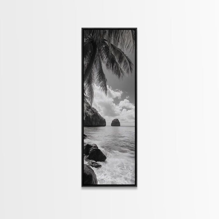 Island View, Palm Shoreline, Tropical Escape, Framed Canvas Print, Beach House Wall Art, Coastal Summer Decor, Zen Ocean Aesthetic
