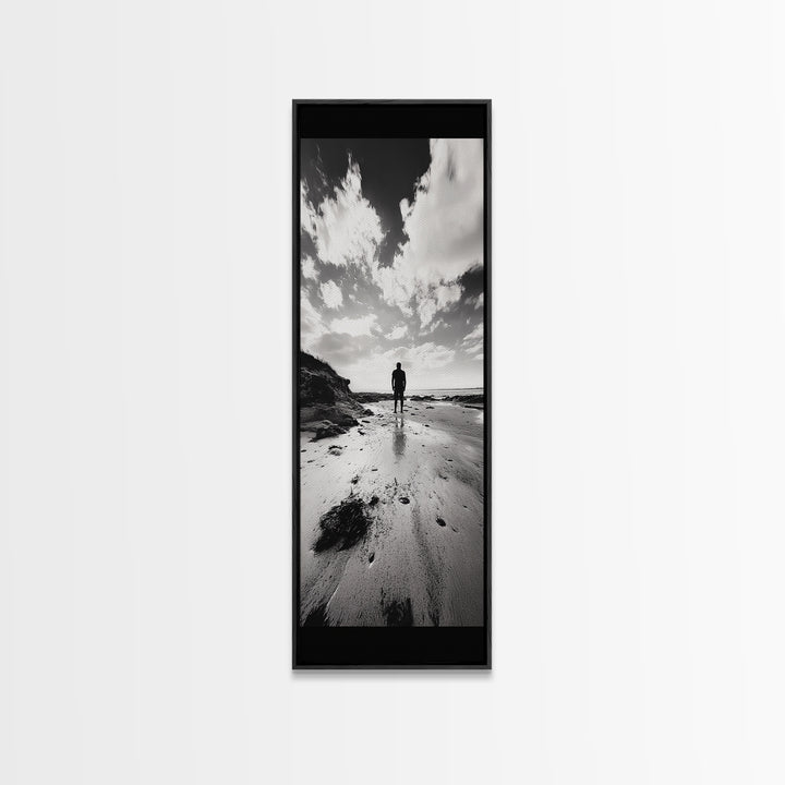 Lone Beach Walker, Dramatic Sky, Ocean Reflections, Solitude Moment, Framed Canvas Print, Hallway Wall Art, Moody Minimalist Decor