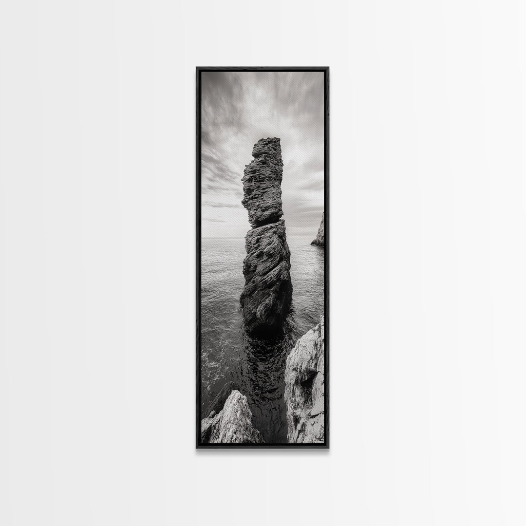 Coastal Rock, Ocean Tower, Nature Photography, Framed Canvas Print, Minimalist Wall Decor, Living Room Wall Art, Black and White Seascape
