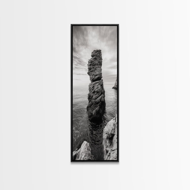 Coastal Rock, Ocean Tower, Nature Photography, Framed Canvas Print, Minimalist Wall Decor, Living Room Wall Art, Black and White Seascape