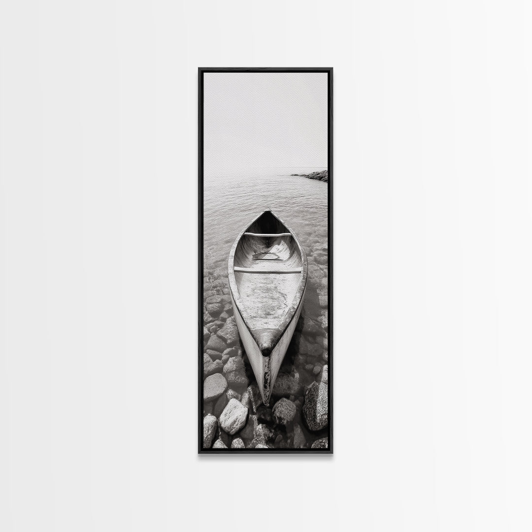 Rowboat Stillness, Peaceful Waters, Lake Canoe, Canvas Print, Entryway Wall Art, Minimalist Home Decor, Black and White Photography