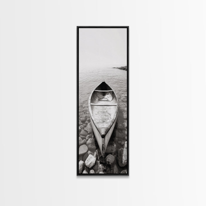 Rowboat Stillness, Peaceful Waters, Lake Canoe, Canvas Print, Entryway Wall Art, Minimalist Home Decor, Black and White Photography