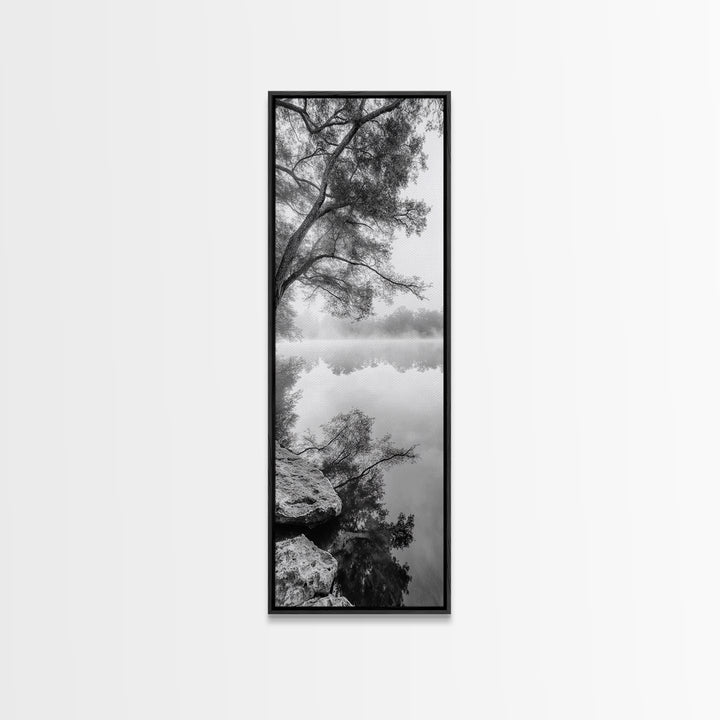 Misty Lake, Tree Reflection, Tranquil Morning, Framed Canvas Print, Bedroom Wall Art, Serene Nature Photography, Minimalist Art Style