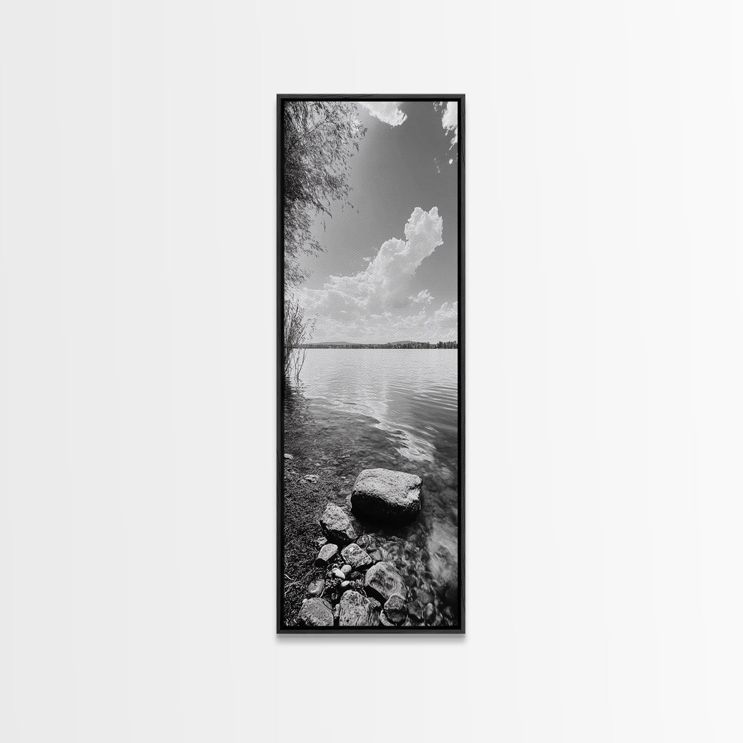 Peaceful Lake, Cloud Reflection, Shoreline Stones, Framed Canvas Print, Guest Room Wall Art, Nature Inspired Decor, Minimalist Landscape