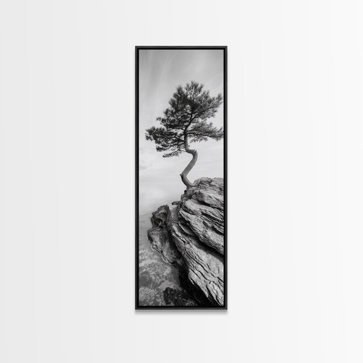 Lone Pine Tree, Minimal Nature, Tranquil Cliff Scene, Zen Forest Print, Framed Canvas Print, Japandi Wall Art, Entryway Tree Print, Nature Minimalism