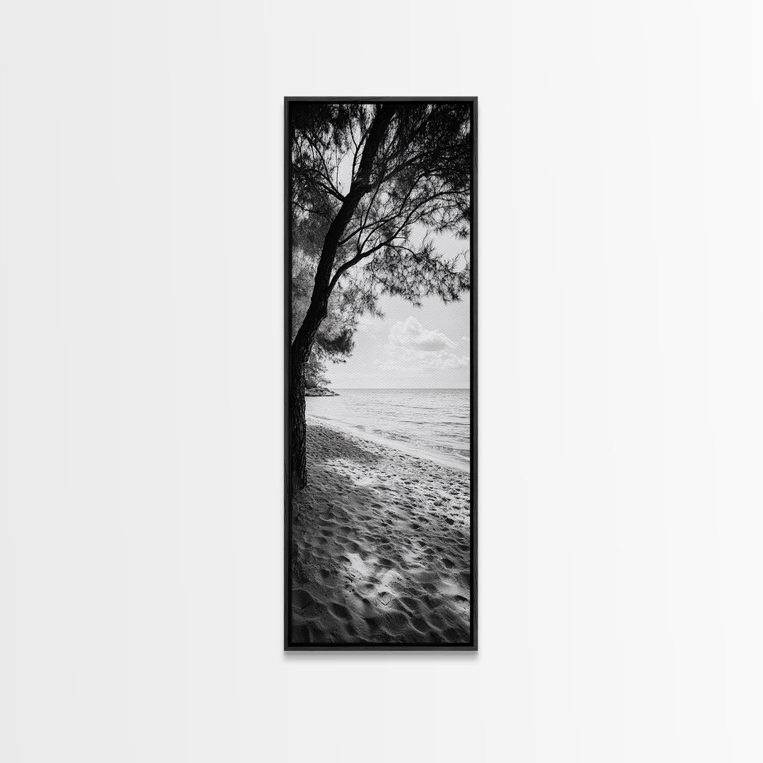 Coastal Tree Shade, Beach Sand Path, Seaside Serenity, Nature Retreat, Framed Canvas Print, Bathroom Wall Art, Neutral Tones, Calm Ocean Art