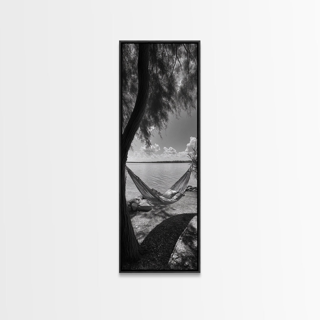 Hammock Dreams, Coastal Rest, Lakeside Retreat, Chill Vibes, Framed Canvas Print, Boho Wall Art, Serene Bedroom Art, Relaxation Inspired Decor