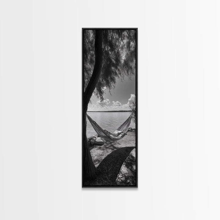 Hammock Dreams, Coastal Rest, Lakeside Retreat, Chill Vibes, Framed Canvas Print, Boho Wall Art, Serene Bedroom Art, Relaxation Inspired Decor