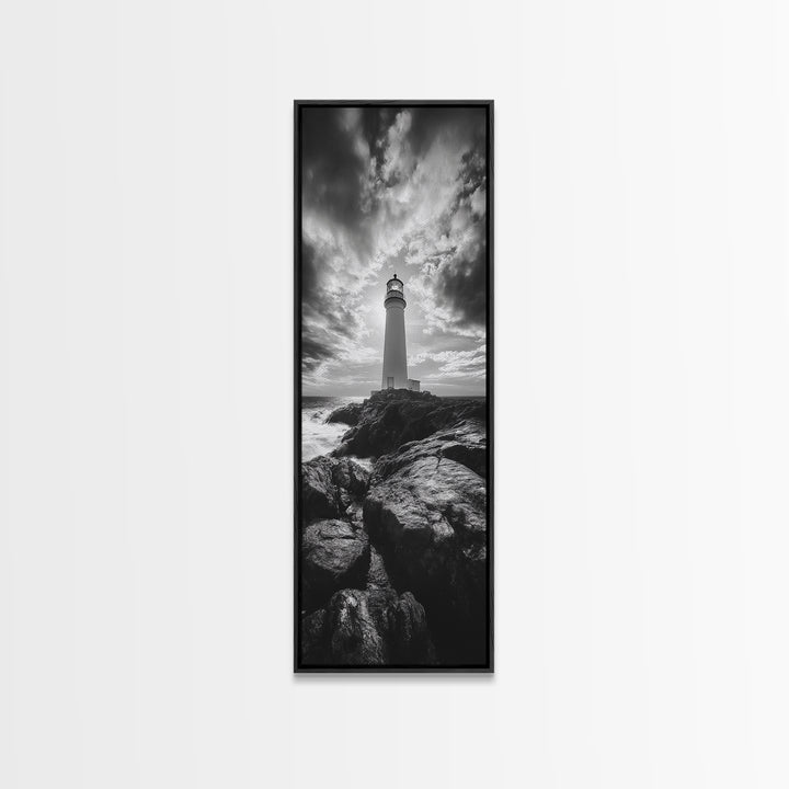 Coastal Beacon, Nautical Light, Ocean Landscape, Sunset Sky, Lighthouse Photography Framed Canvas Print, Living Room Nautical Wall Art