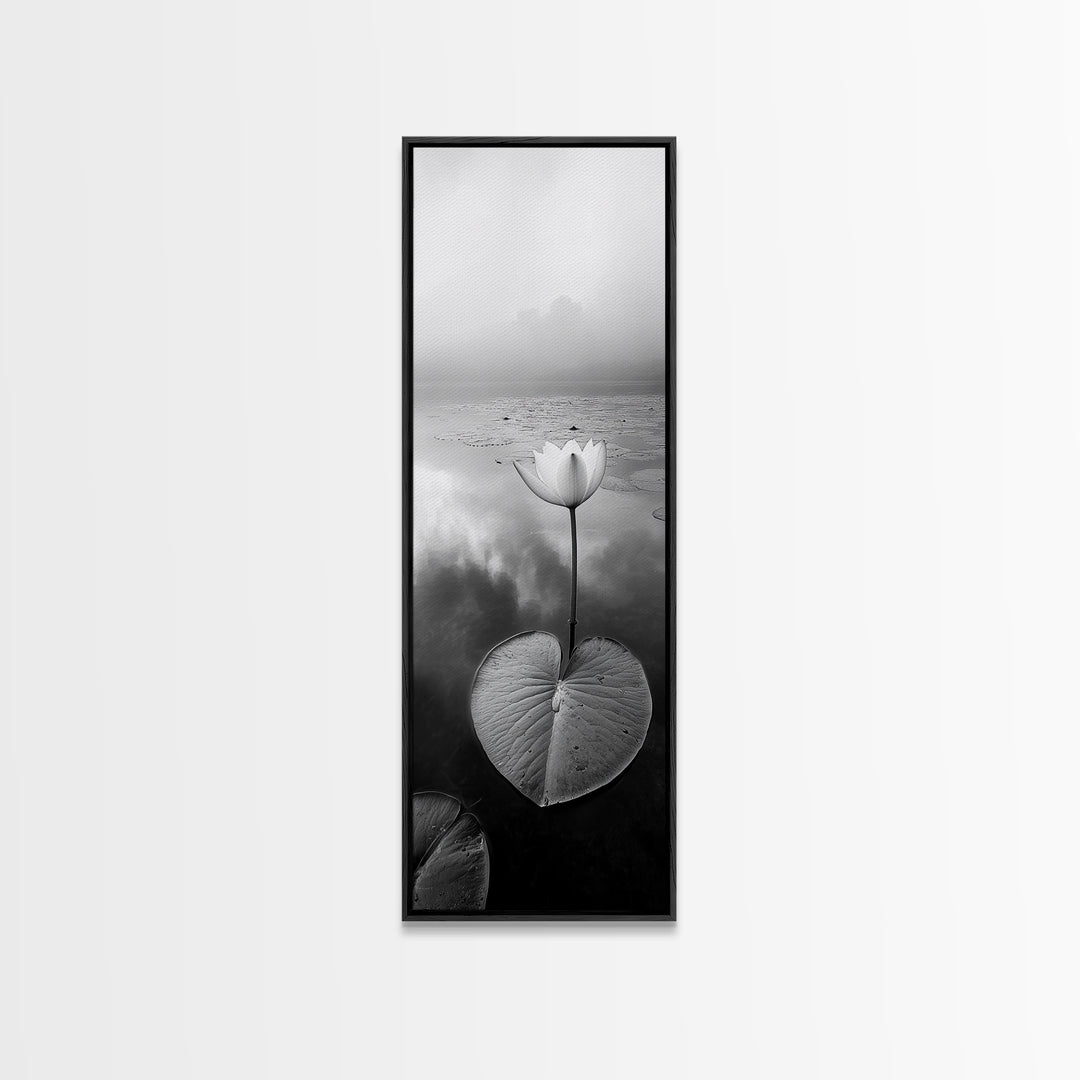 Minimalist Lotus, Zen Flower, Misty Pond, Tranquil Nature, Monochrome Botanical Framed Canvas Print, Bedroom Meditation Wall Decor