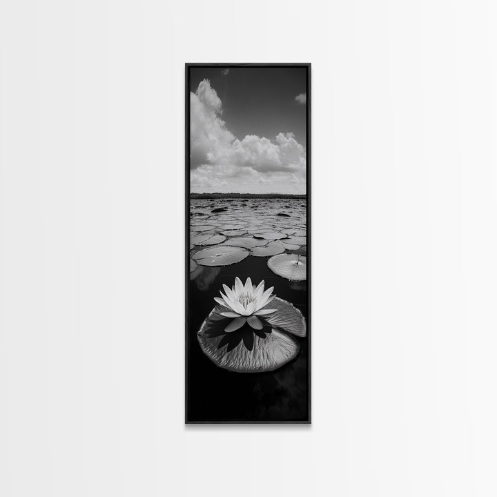 Water Lily Bloom, Lake Flowers, Lotus Petals, Peaceful Reflections, Botanical Art Framed Canvas Print, Spa Room Floral Wall Decor