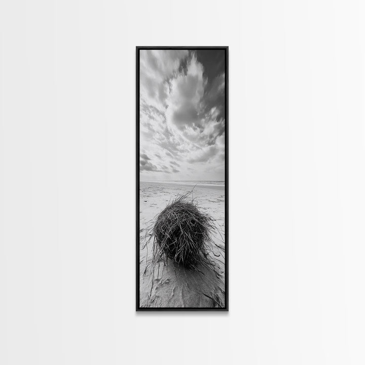 Beach Tumbleweed, Windy Dune, Coastal Drift, Seaside Simplicity, Monochrome Shoreline Framed Canvas Print, Bathroom Beach Wall Decor