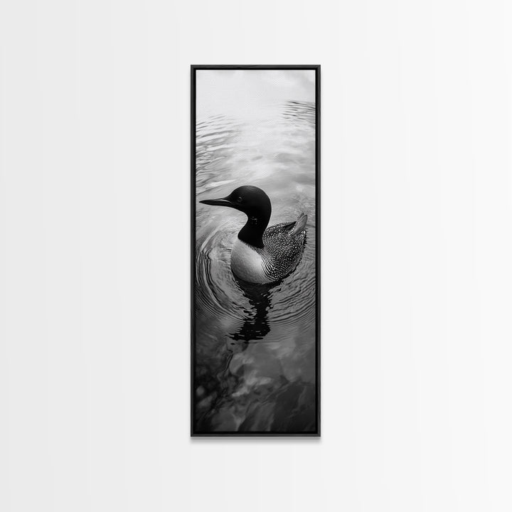 Water Loon, Lake Bird, Floating Wildlife, Nature Stillness, Serene Waterfowl Framed Canvas Print, Cabin Wall Art Rustic Lakehouse Decor