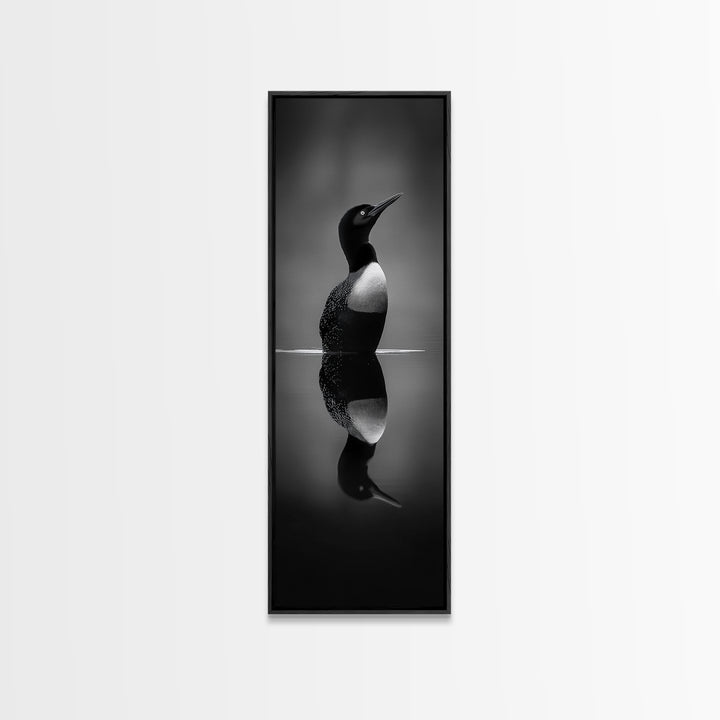 Reflected Loon, Lake Silence, Bird Mirror, Wildlife Art, Moody Black White Framed Canvas Print, Study Nature Wall Decor Minimalist Style