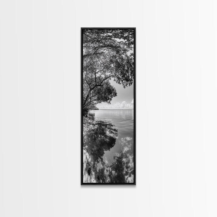 Mangrove Shoreline, Tree Reflections, Still Waters, Tranquil Escape, Black White Nature Framed Canvas Print, Zen Wall Art Entryway Decor