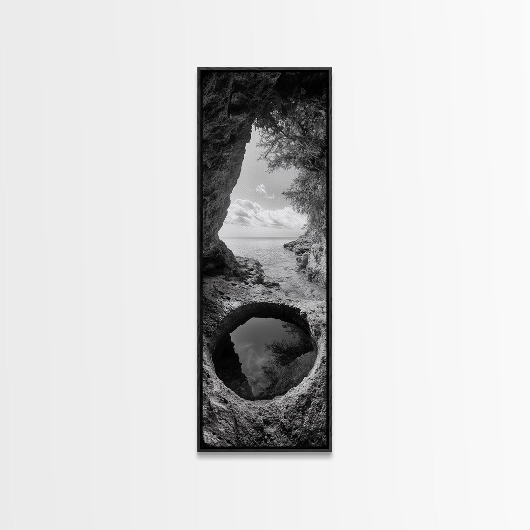 Ocean Cave, Coastal View, Natural Tide Pool, Canvas Print, Bathroom Wall Art, Seaside Decor, Minimalist Landscape, Black and White Art