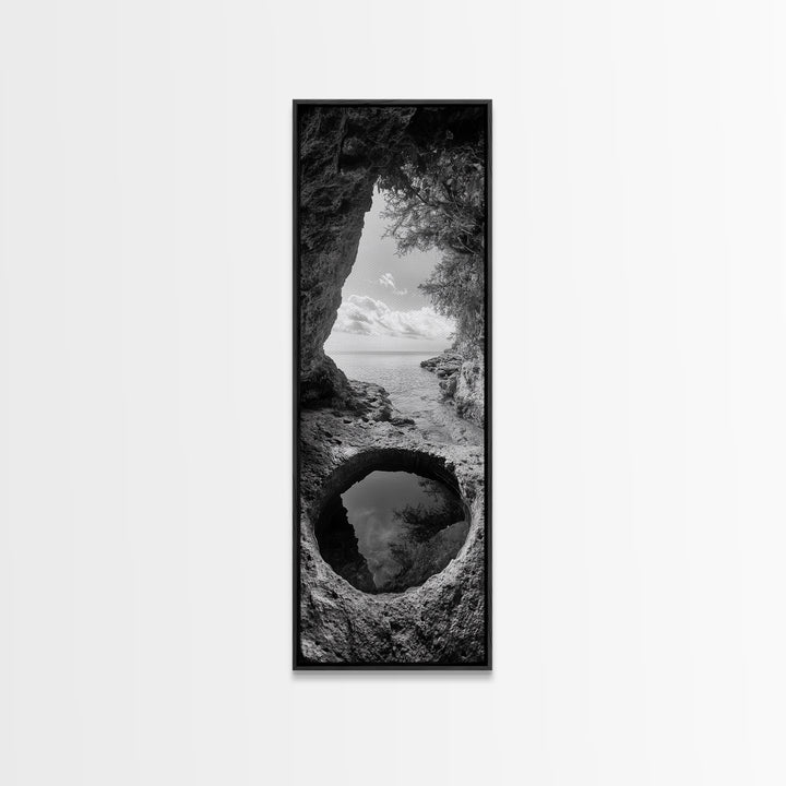 Ocean Cave, Coastal View, Natural Tide Pool, Canvas Print, Bathroom Wall Art, Seaside Decor, Minimalist Landscape, Black and White Art