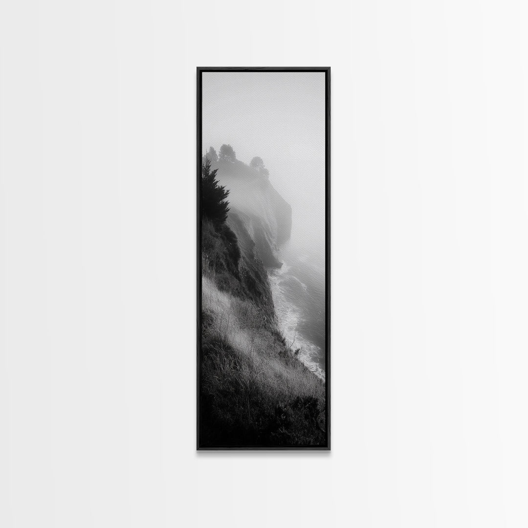 Cliffside Fog, Coastal Mist, Ocean Overlook, Framed Canvas Print, Living Room Wall Art, Monochrome Decor, Moody Landscape, Minimalist Home