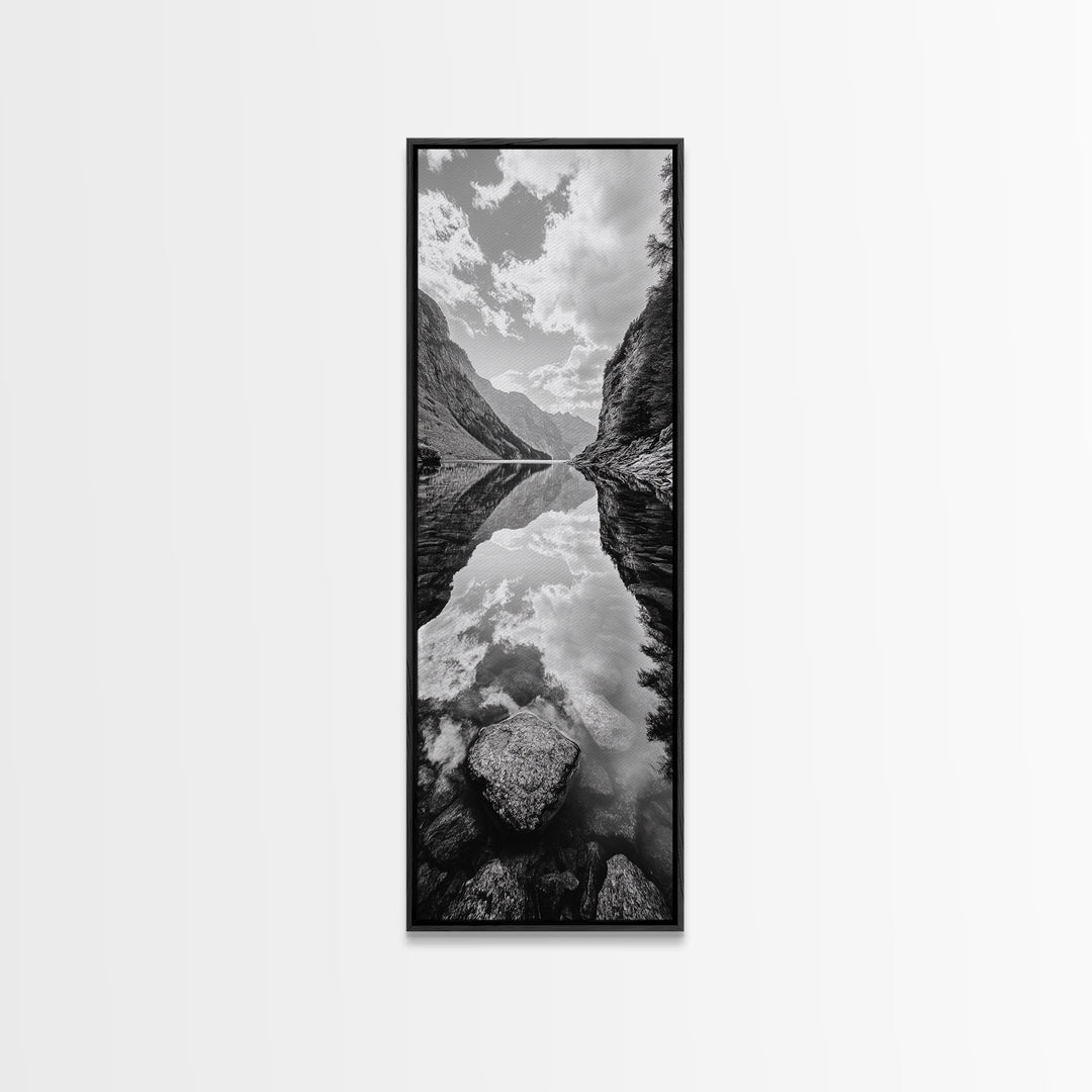 Reflective Lake, Cloud Mirror, Mountain Calm, Canvas Print, Serene Bedroom Wall Art, Nature Tranquility, Scandinavian Landscape Style
