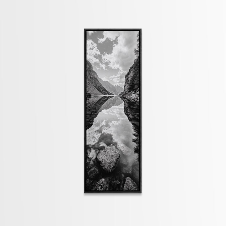 Reflective Lake, Cloud Mirror, Mountain Calm, Canvas Print, Serene Bedroom Wall Art, Nature Tranquility, Scandinavian Landscape Style