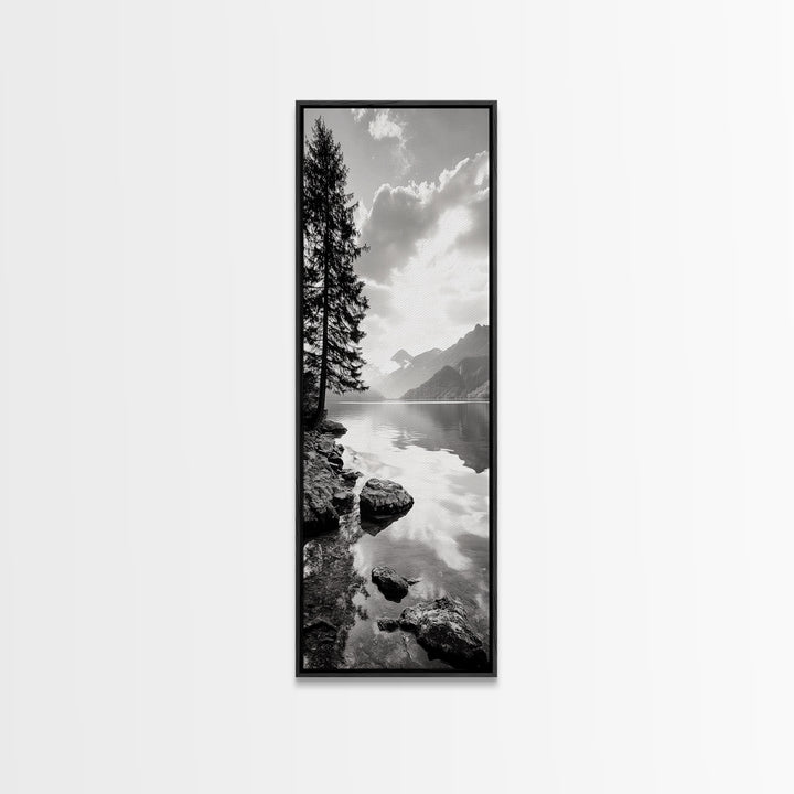 Mountain Lake Peace, Still Water View, Nature Escape, Framed Canvas Print, Living Room Wall Art, Nordic Cabin Decor, Minimal Landscape