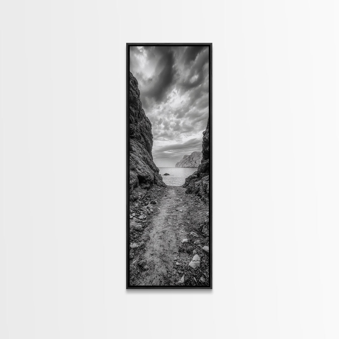 Rocky Pathway, Seaside Trail, Cloudy Horizon, Framed Canvas Print, Moody Coastal Wall Art, Nature Inspired, Monochrome Travel Decor