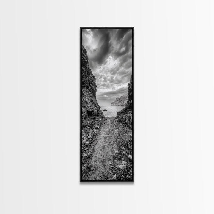 Rocky Pathway, Seaside Trail, Cloudy Horizon, Framed Canvas Print, Moody Coastal Wall Art, Nature Inspired, Monochrome Travel Decor
