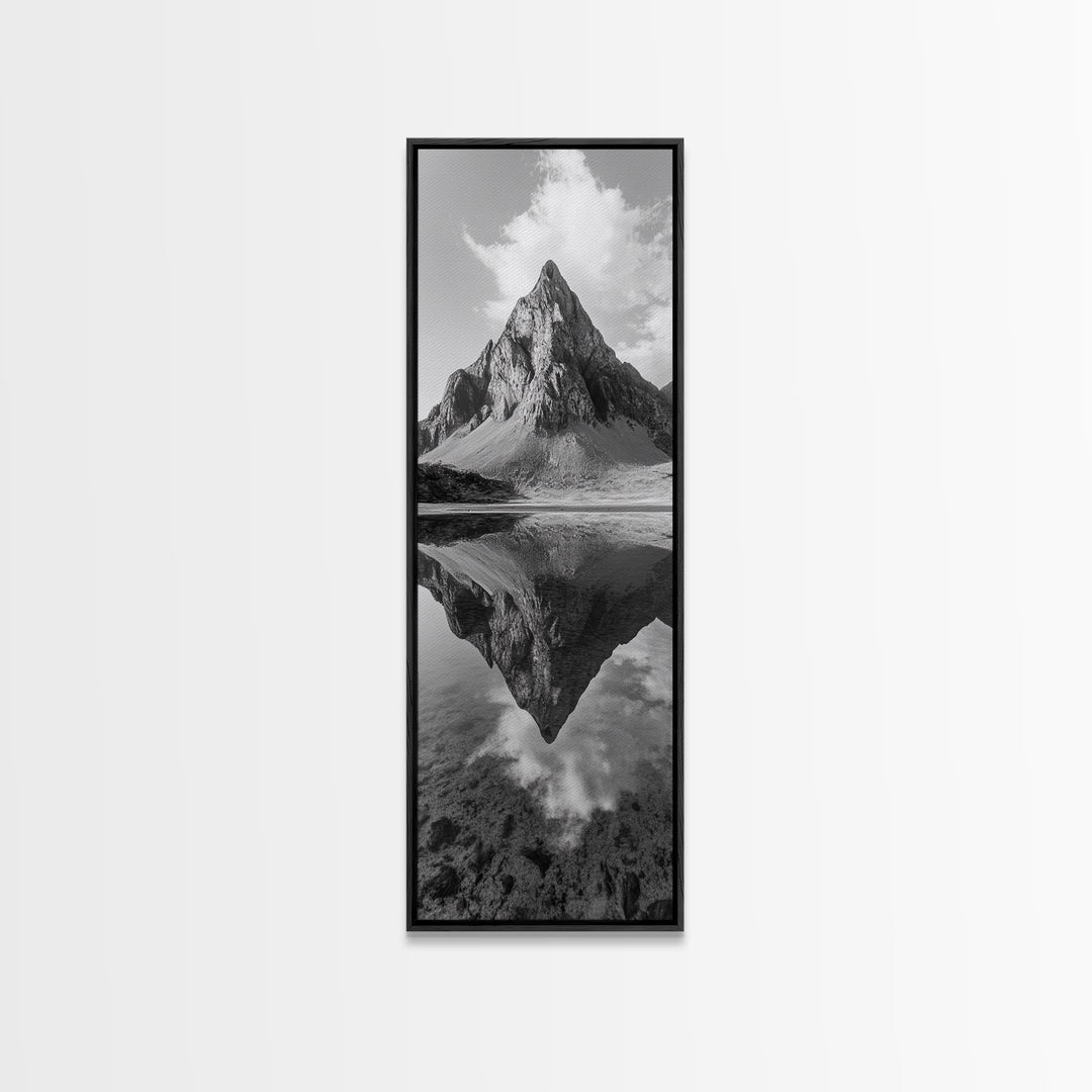 Sharp Mountain Peak, Reflection Stillness, Monochrome Wild, Framed Canvas Print, Rustic Cabin Wall Art, Nature Lover Gift Idea