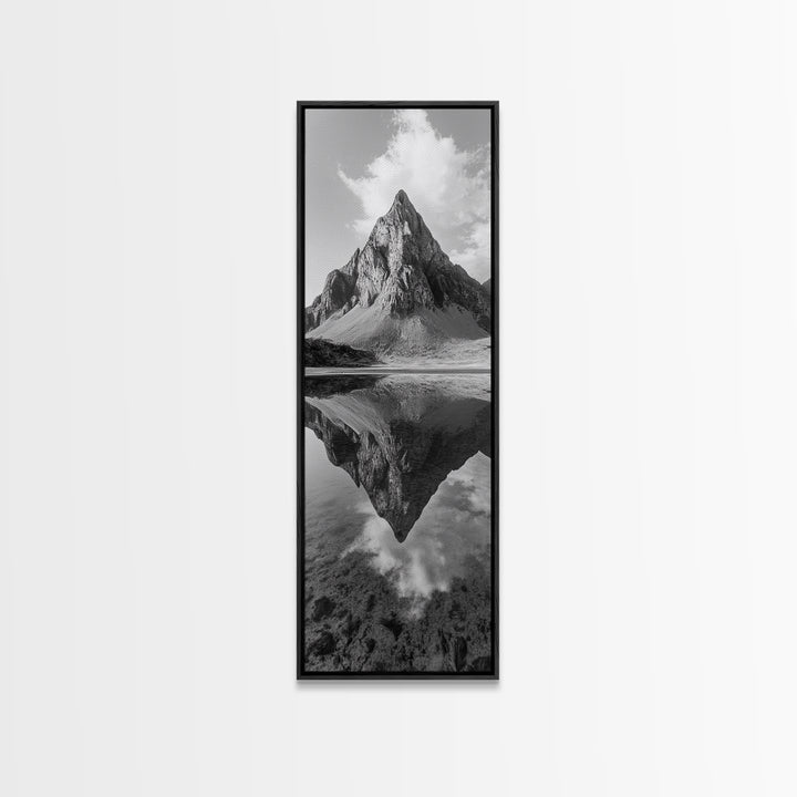Sharp Mountain Peak, Reflection Stillness, Monochrome Wild, Framed Canvas Print, Rustic Cabin Wall Art, Nature Lover Gift Idea